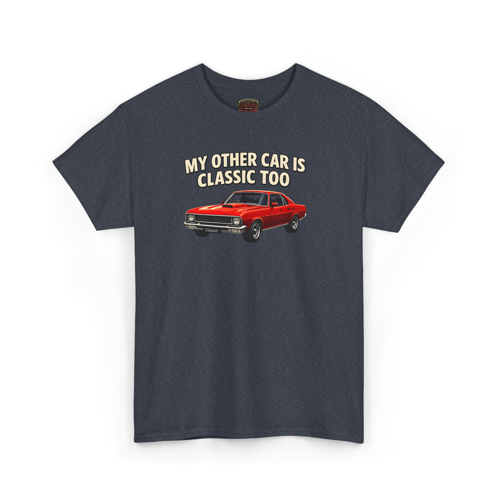 Gray t-shirt with red car graphic and text 'My other car is classic too' on a white background