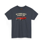 Gray t-shirt with red car graphic and text 'My other car is classic too' on a white background