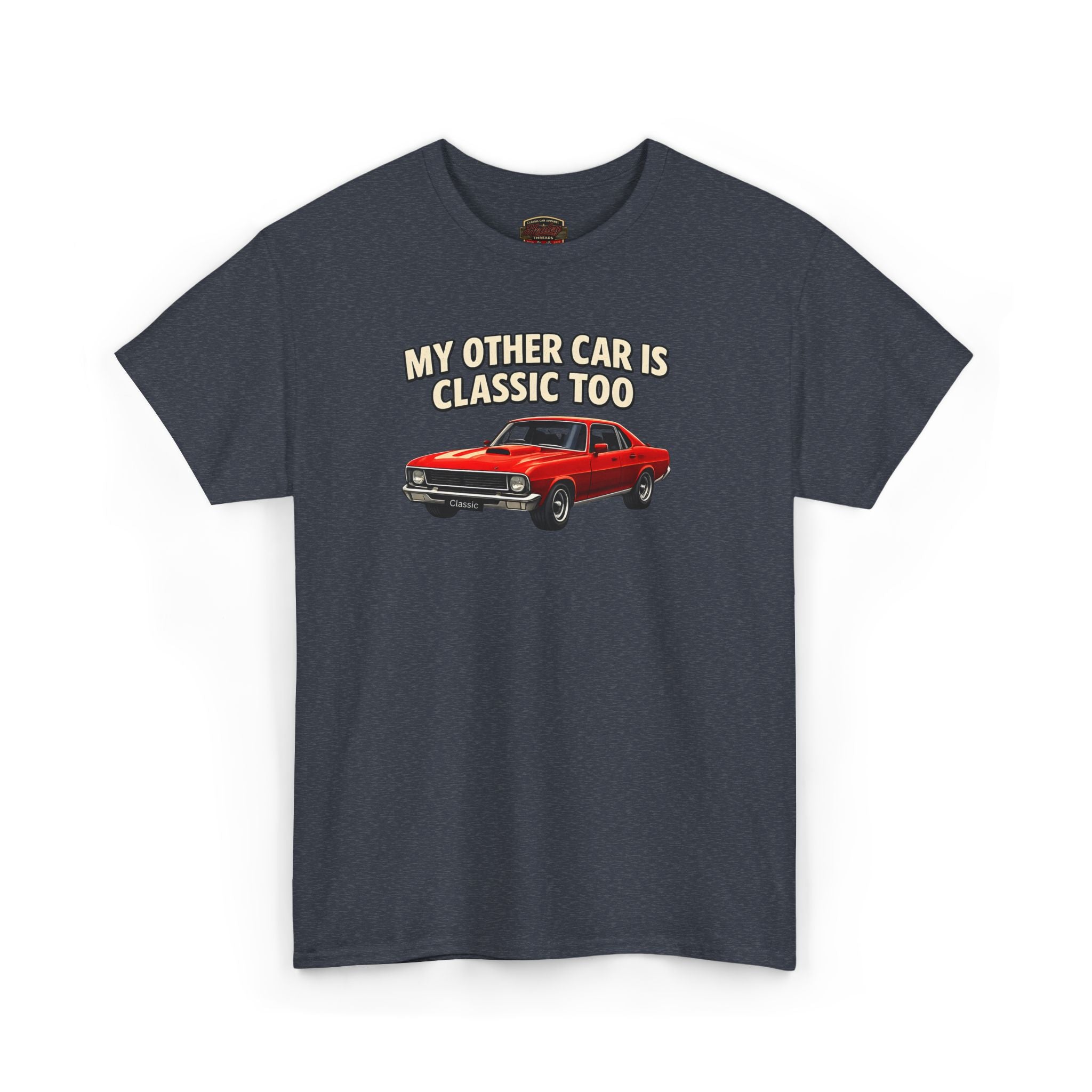 Gray t-shirt with red car graphic and text 'My other car is classic too' on a white background