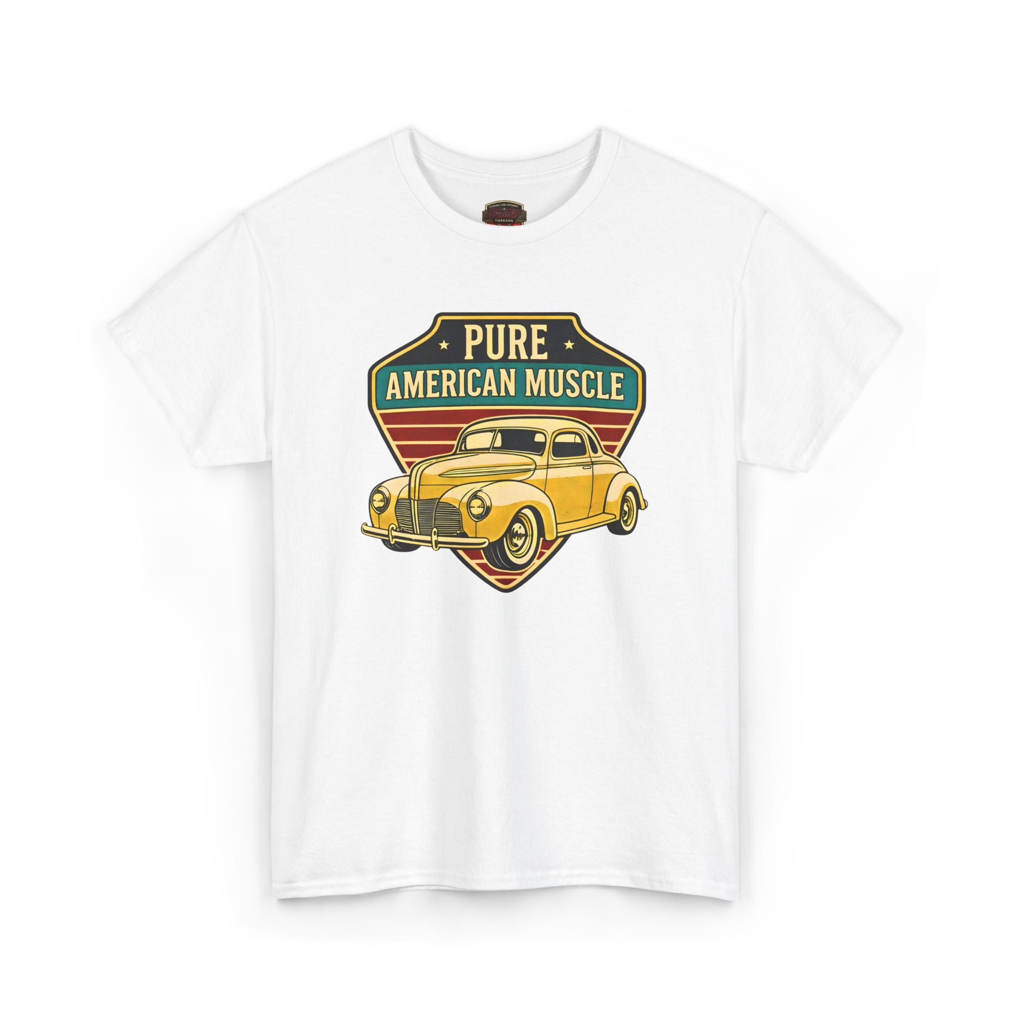 White t-shirt with a graphic of a vintage car and 'Pure American Muscle' text on a white background