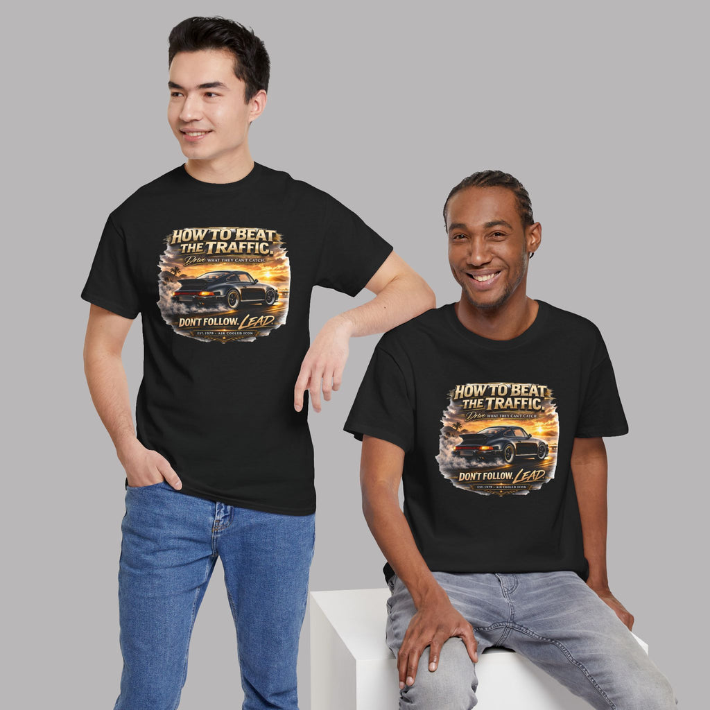 Two people wearing black t-shirts with a classic car graphic design on a gray background