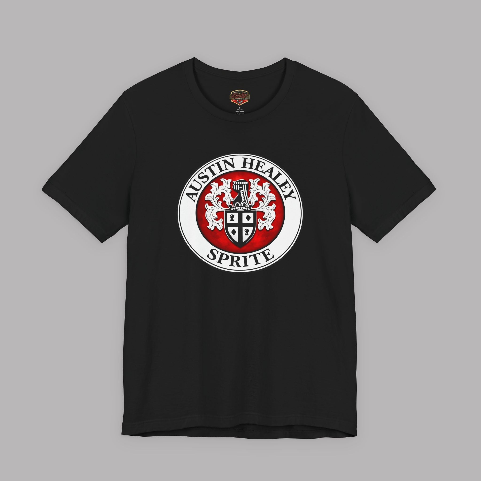 Black t-shirt with Austin Healey Sprite logo on a gray background