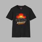 Black t-shirt with 'American Muscle' graphic design featuring a sunset and car on a gray background