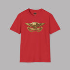 Red t-shirt with a gold Healey logo on a gray background