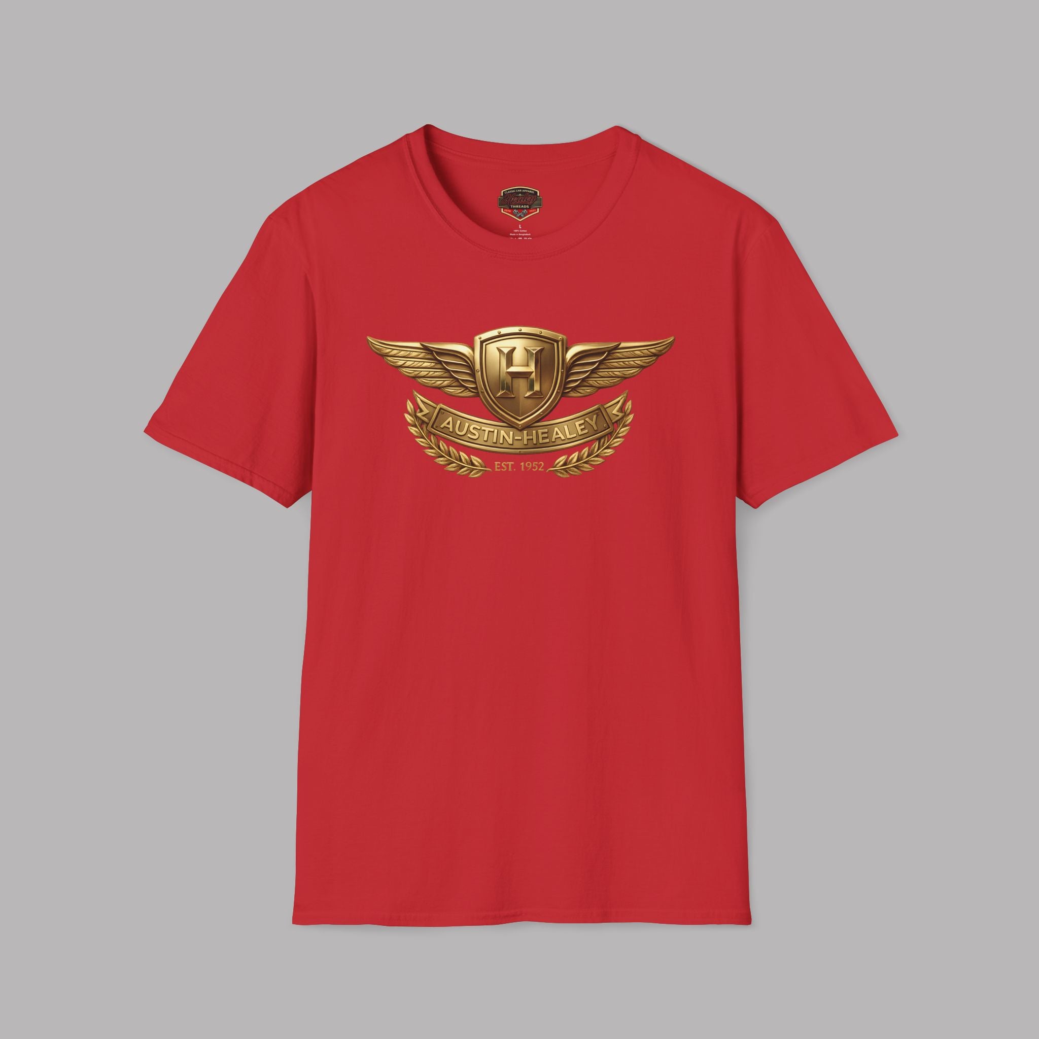Red t-shirt with a gold Healey logo on a gray background