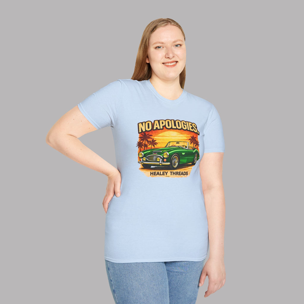Woman wearing a light blue t-shirt with a classic car graphic design and text on a gray background