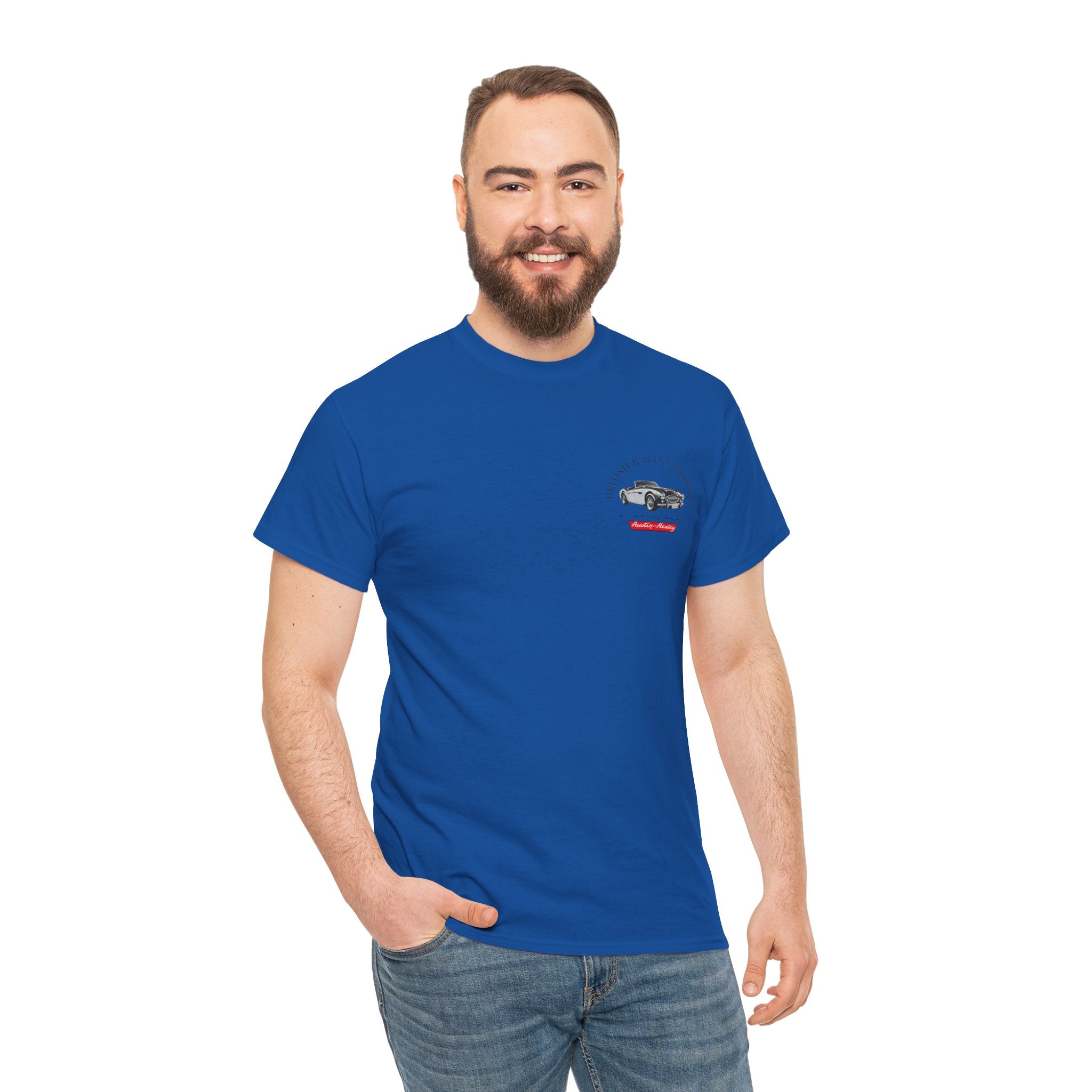 Man wearing a blue t-shirt with a Healey logo on a white background