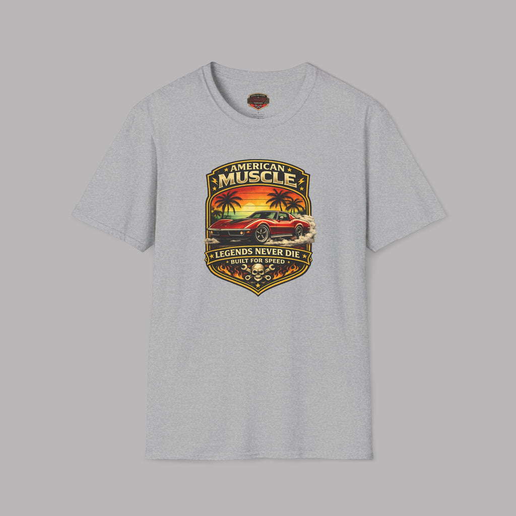 Sport gray t-shirt with American Muscle graphic design on a gray background