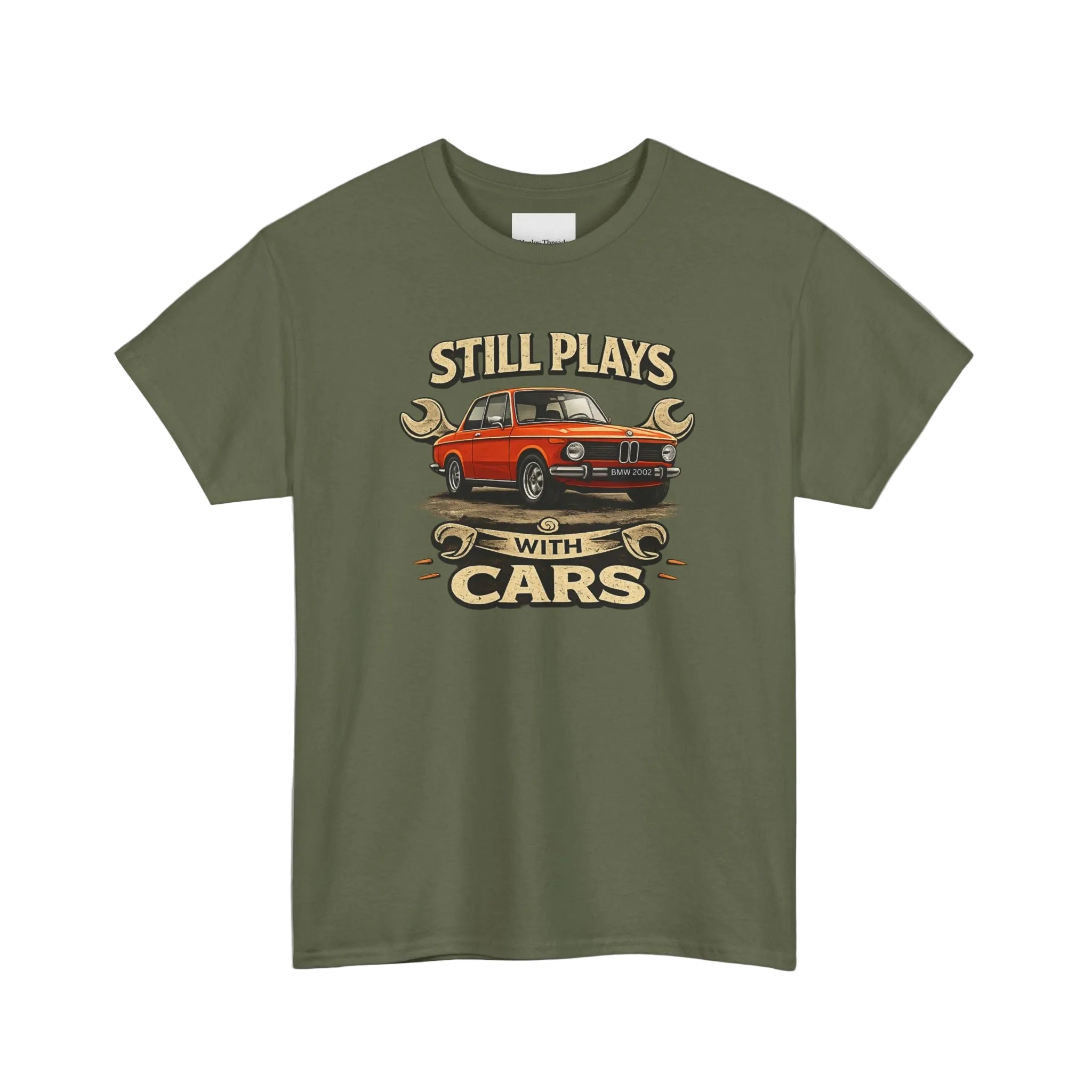 Military green t-shirt with a graphic of a red car and text 'Still Plays with Cars' on a white background