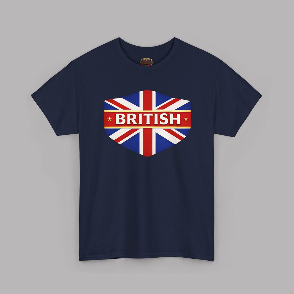 Navy blue t-shirt with a British flag design on a gray background