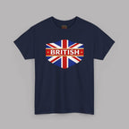 Navy blue t-shirt with a British flag design on a gray background