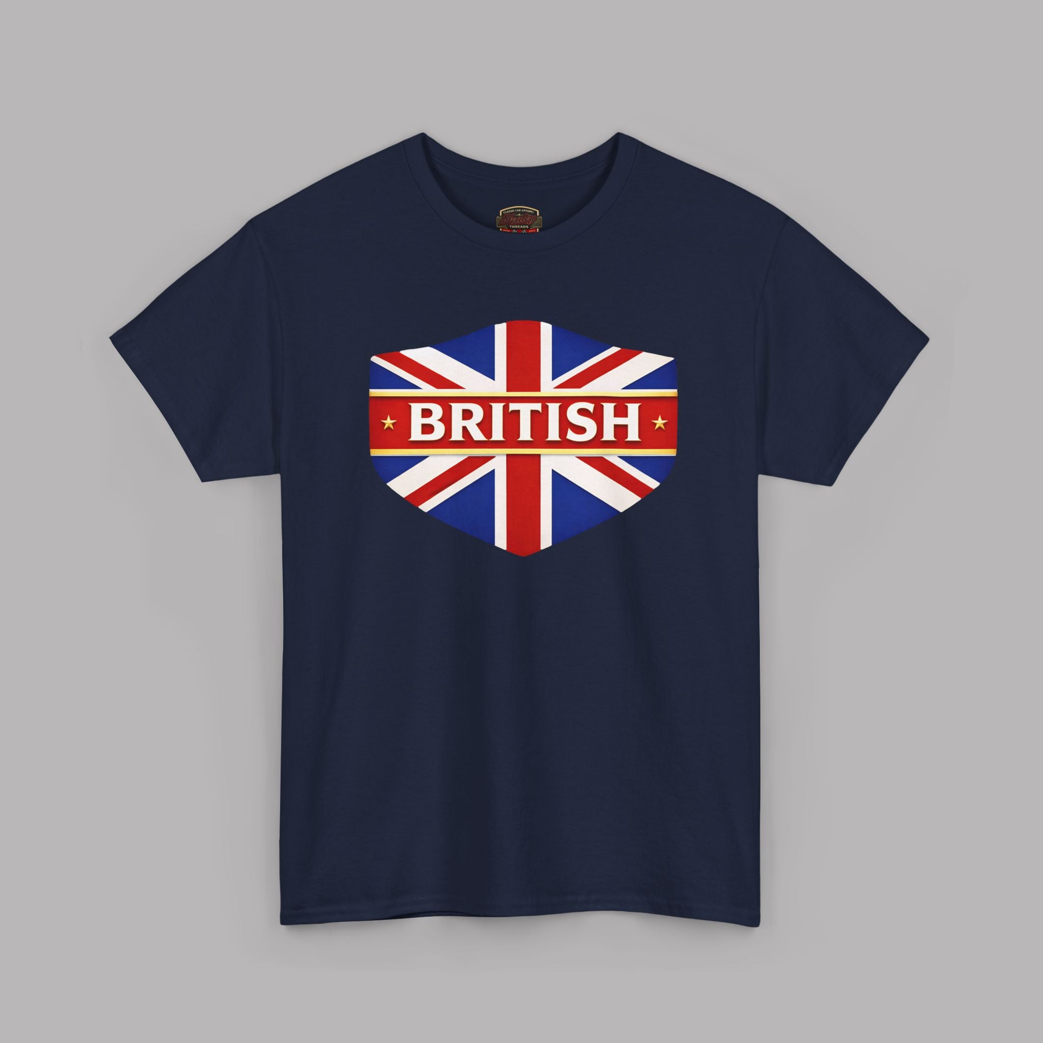 Navy blue t-shirt with a British flag design on a gray background