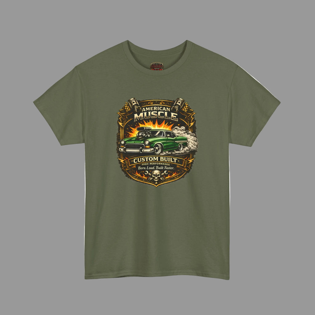 Military green t-shirt with American Muscle car graphic on a white background