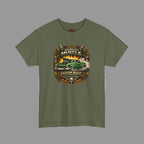 Military green t-shirt with American Muscle car graphic on a white background