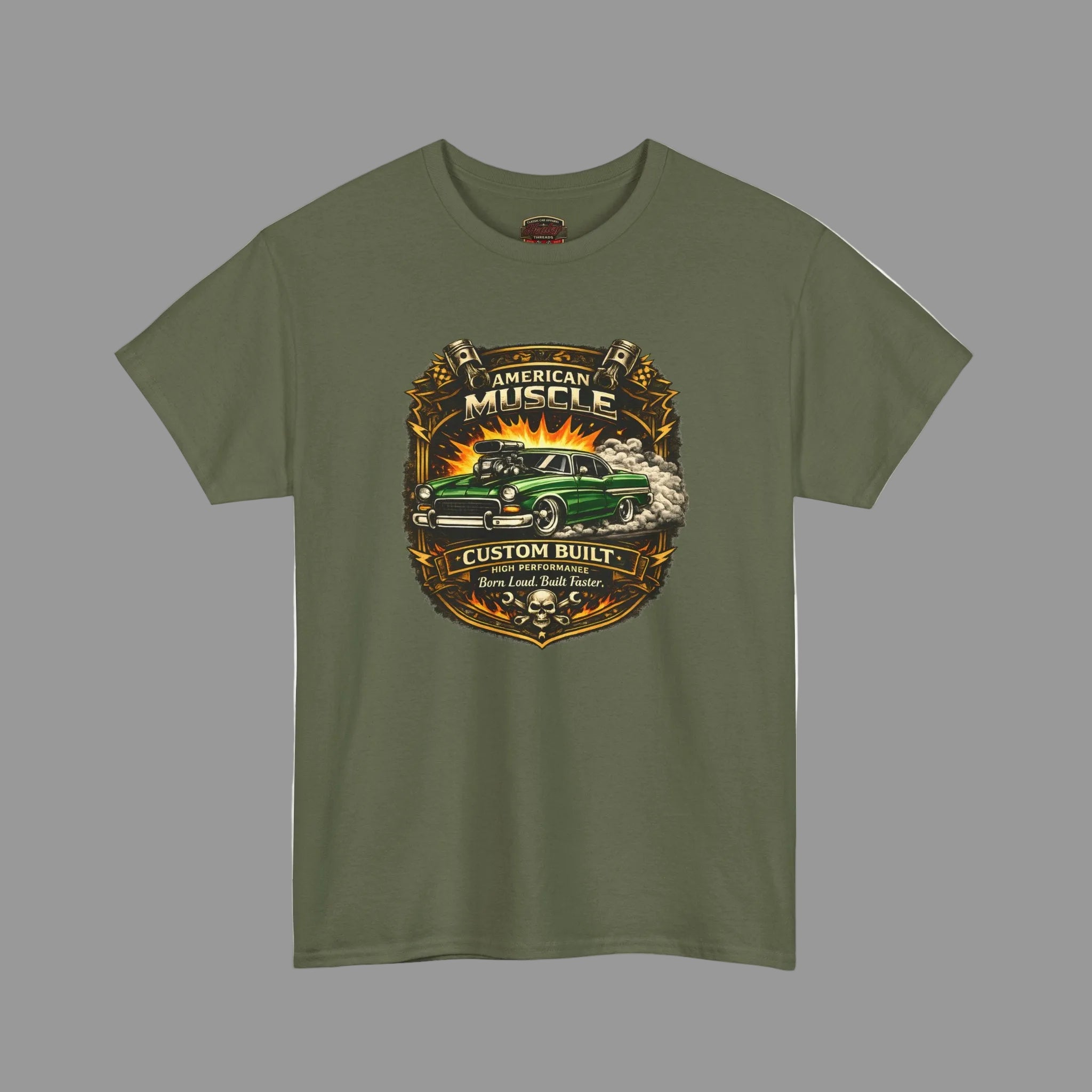 Military green t-shirt with American Muscle car graphic on a white background