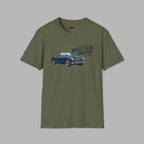 Military green t-shirt with a Healey car graphic and text on a gray background