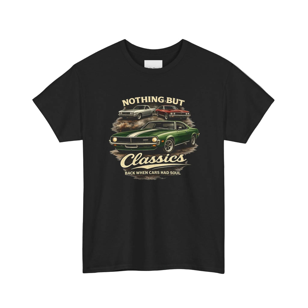 Black t-shirt with classic car graphic and text on a white background