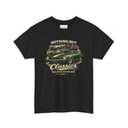 Black t-shirt with classic car graphic and text on a white background