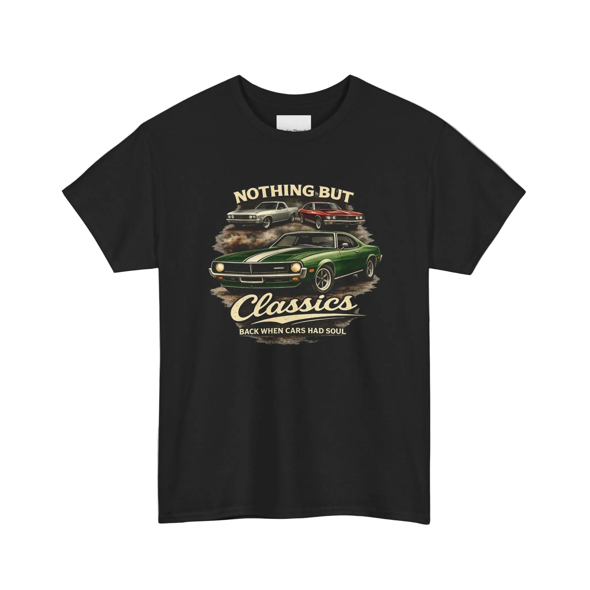 Black t-shirt with classic car graphic and text on a white background