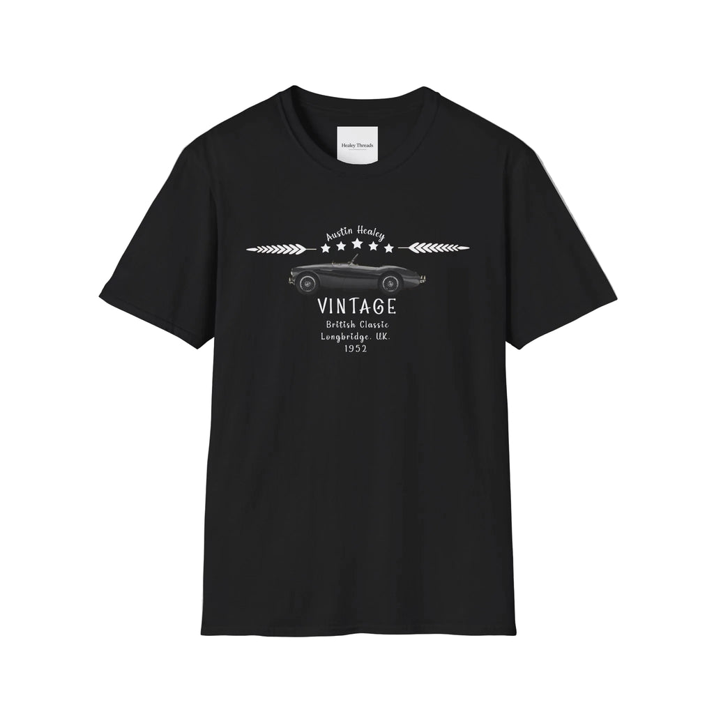 Black t-shirt with vintage car design on a white background
