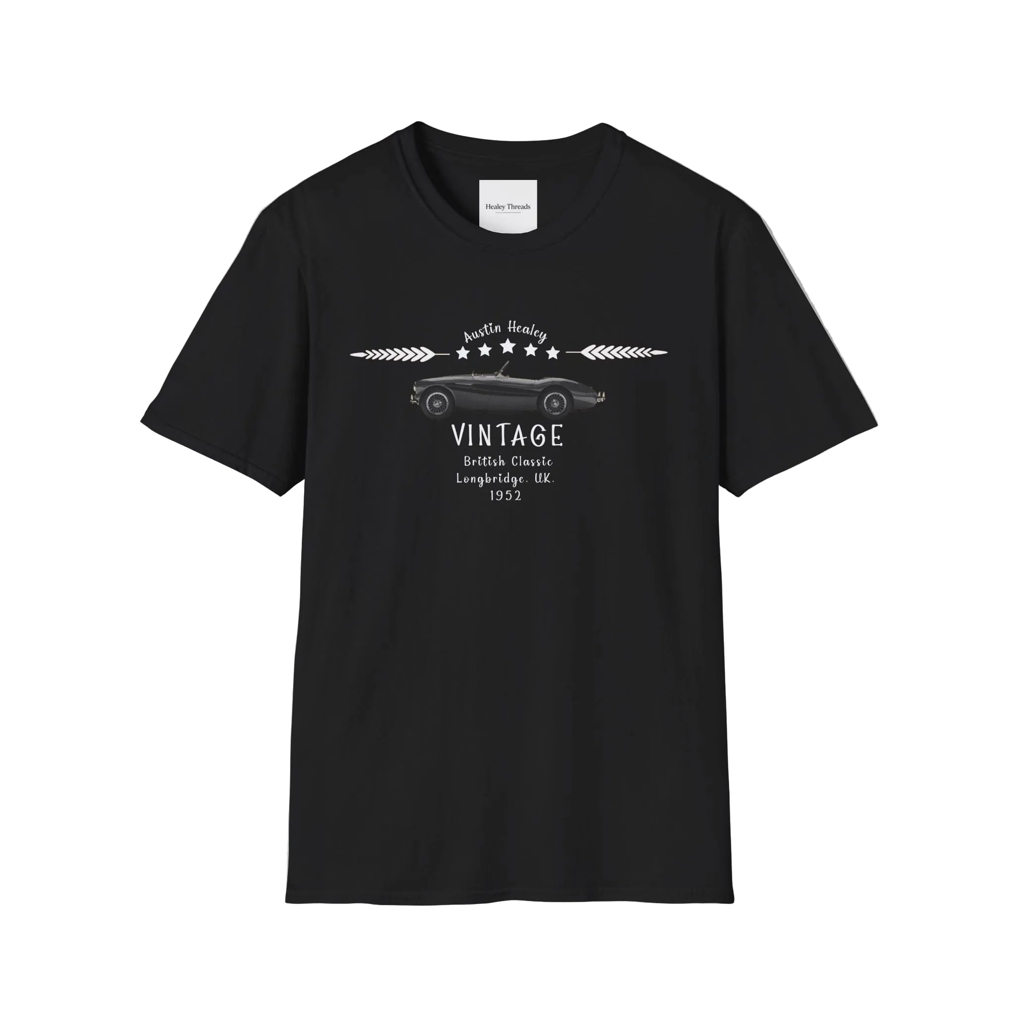 Black t-shirt with vintage car design on a white background