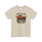 Beige t-shirt with a graphic of a red car and text 'Still Plays with Cars' on a white background