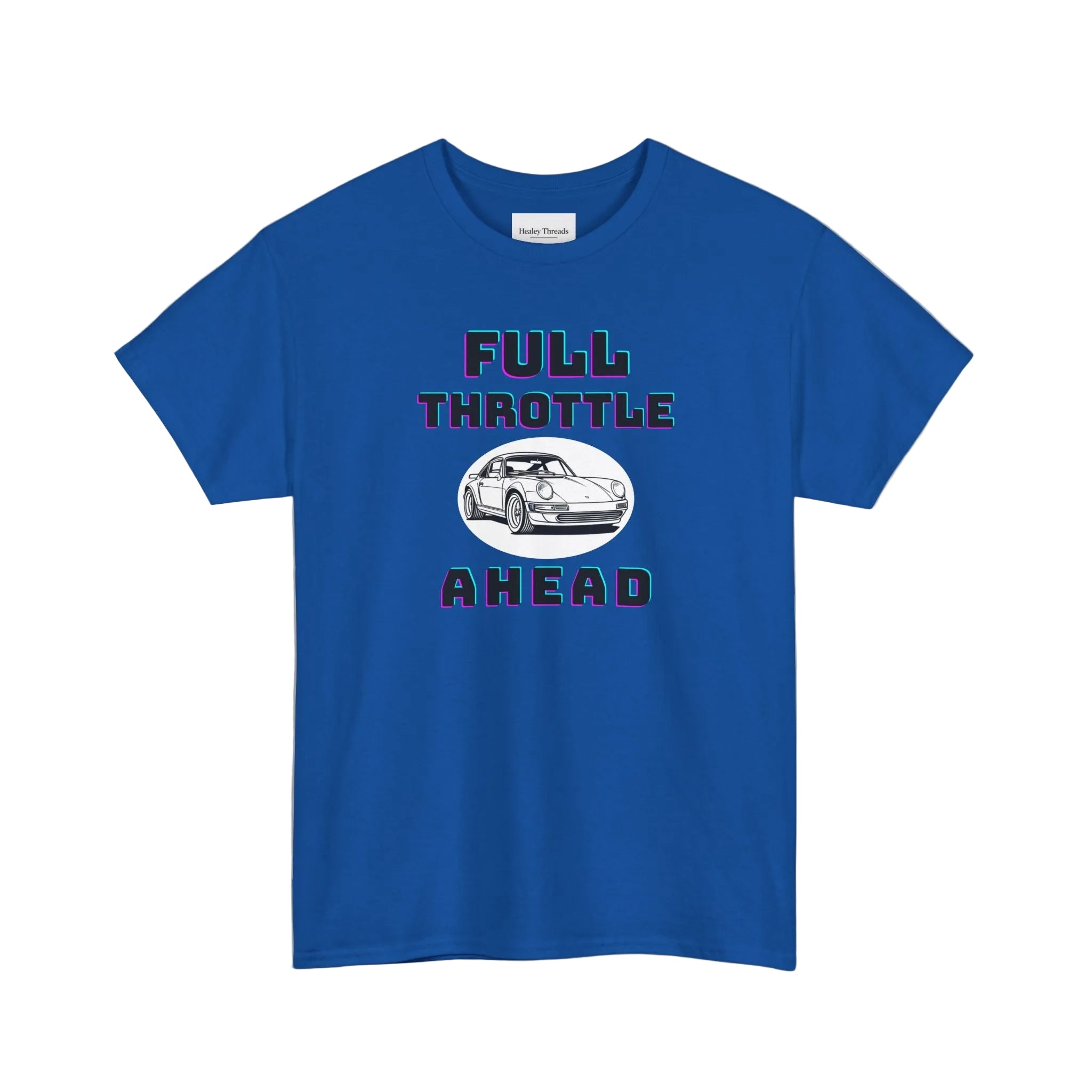 Blue t-shirt with 'Full Throttle Ahead' graphic on a white background