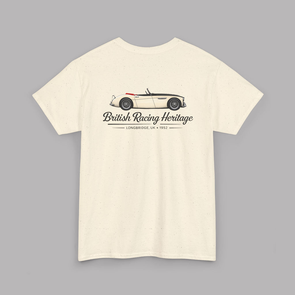 Back of a natural t-shirt with a Healey classic car graphic design on a gray background