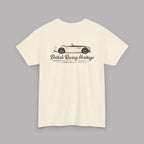 Back of a natural t-shirt with a Healey classic car graphic design on a gray background