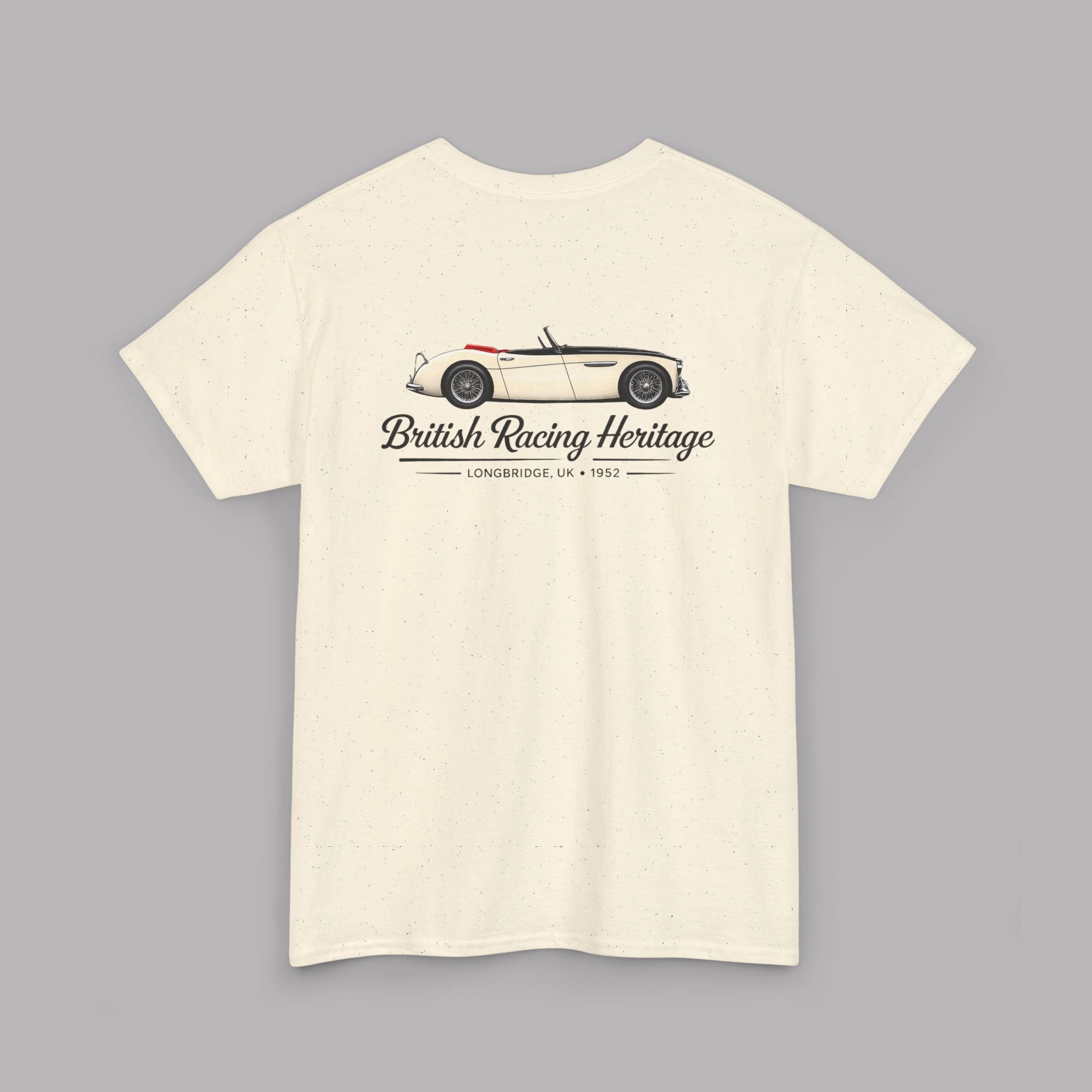 Back of a natural t-shirt with a Healey classic car graphic design on a gray background