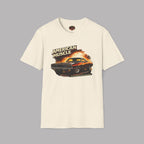 White t-shirt with 'American Muscle' graphic design featuring a car on a gray background