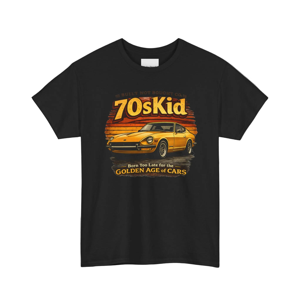 Black t-shirt with a graphic of a yellow car and text '70s Kid' on a white background