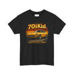 Black t-shirt with a graphic of a yellow car and text '70s Kid' on a white background