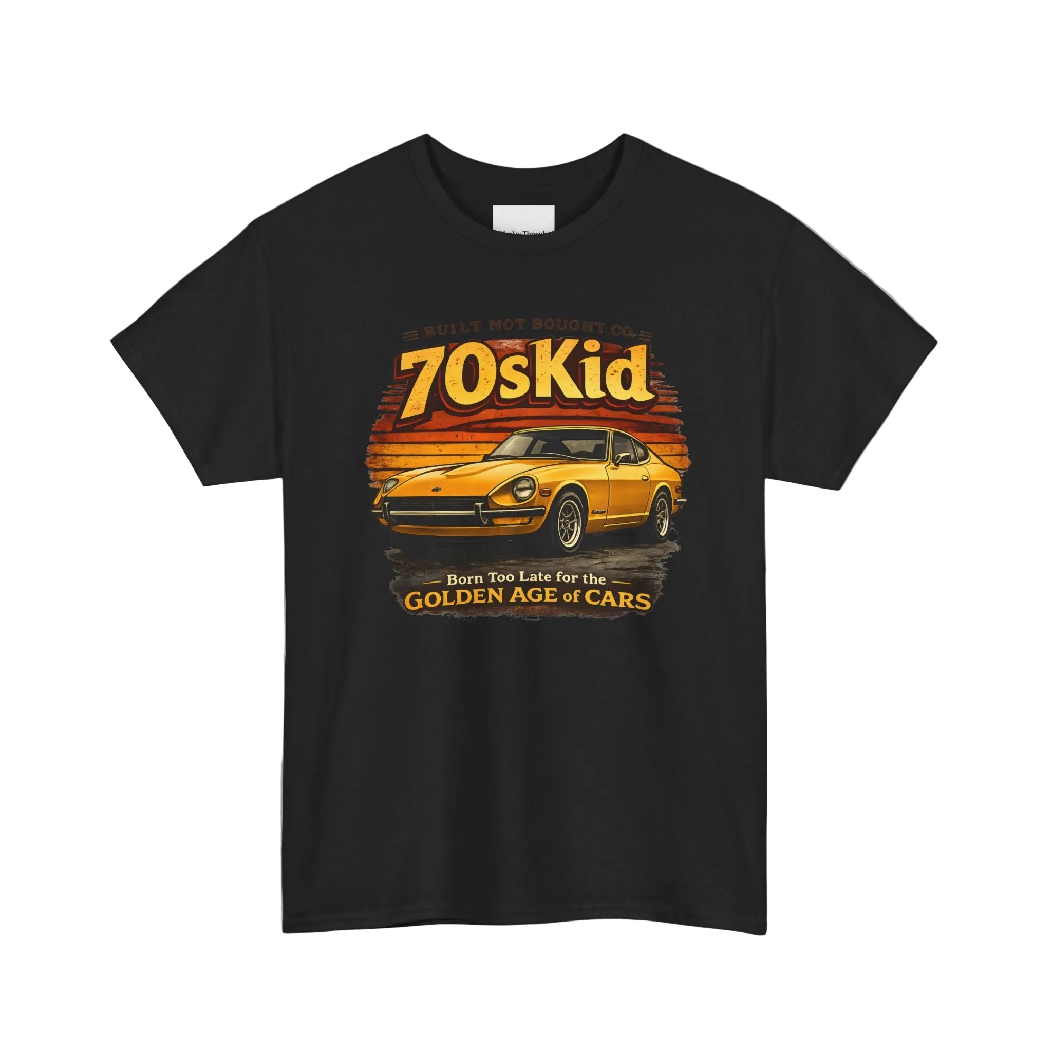 Black t-shirt with a graphic of a yellow car and text '70s Kid' on a white background
