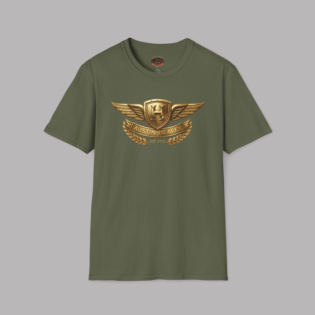 Military green t-shirt with a gold Healey emblem on a gray background