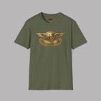 Military green t-shirt with a gold Healey emblem on a gray background