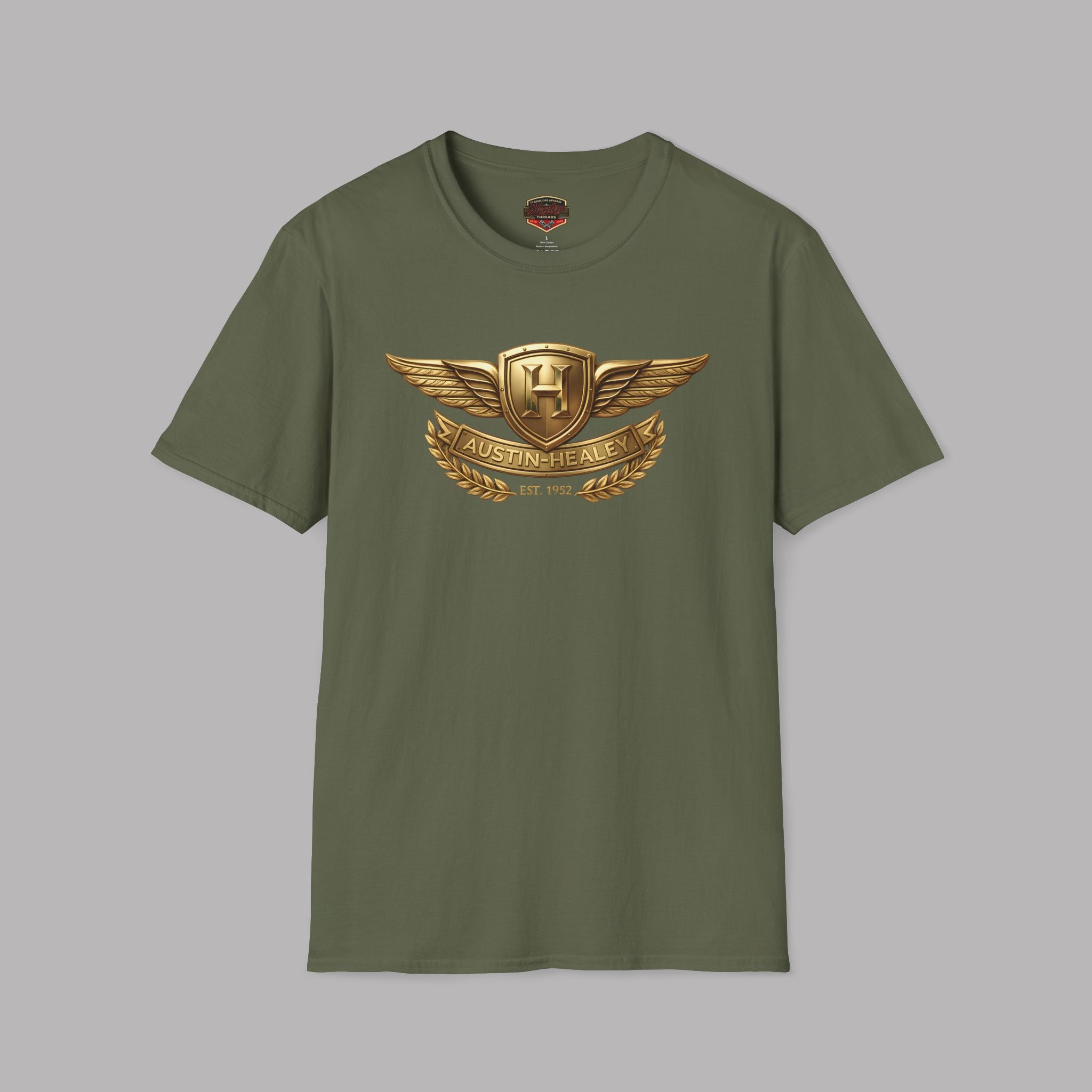 Military green t-shirt with a gold Healey emblem on a gray background