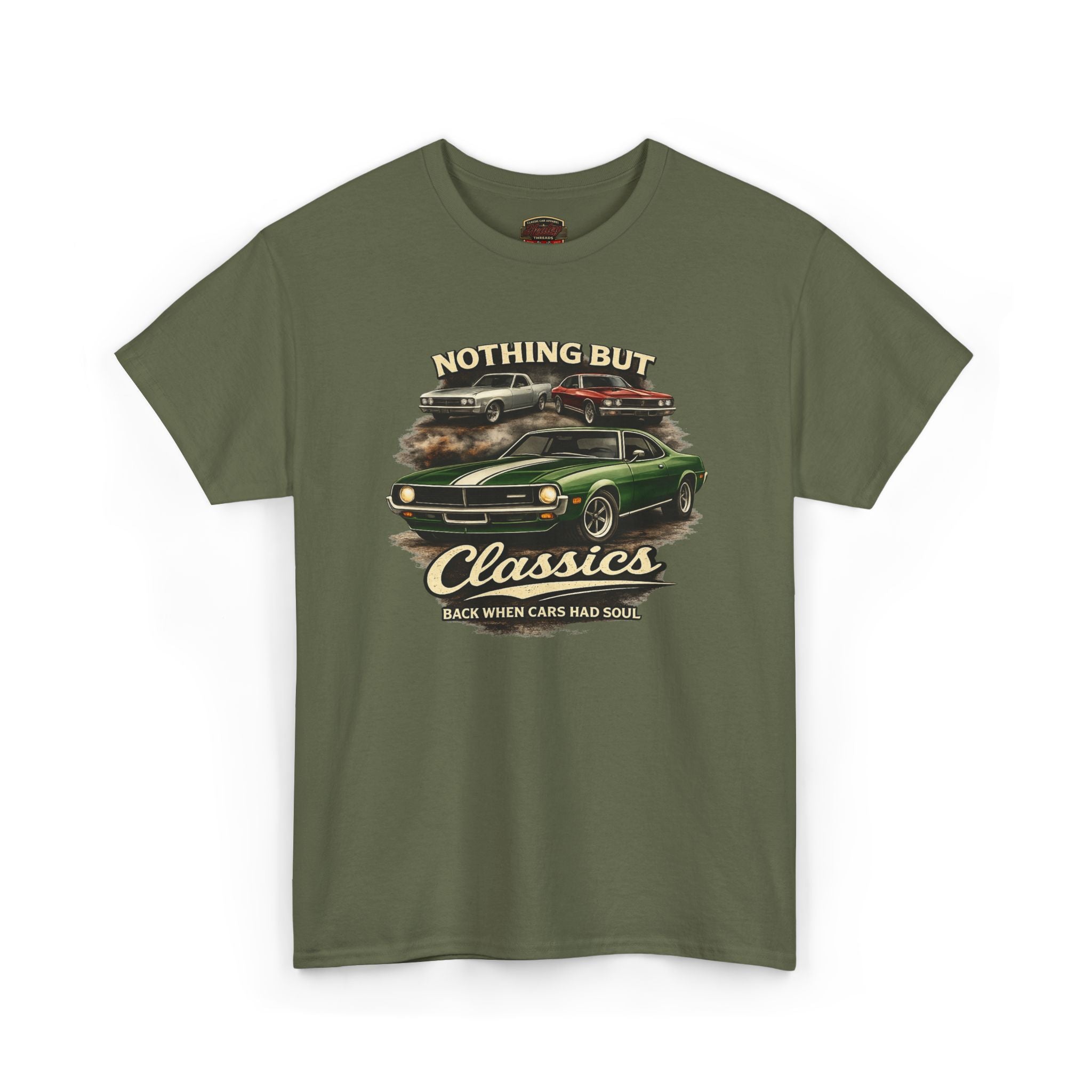 Military green t-shirt with classic car graphic and text on a white background