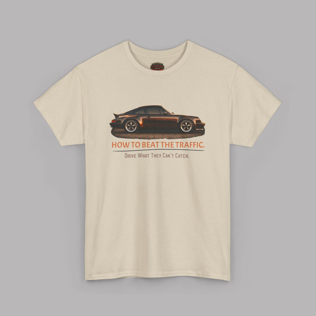 Sand t-shirt with a car graphic and text on a gray background