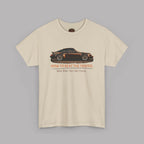 Sand t-shirt with a car graphic and text on a gray background