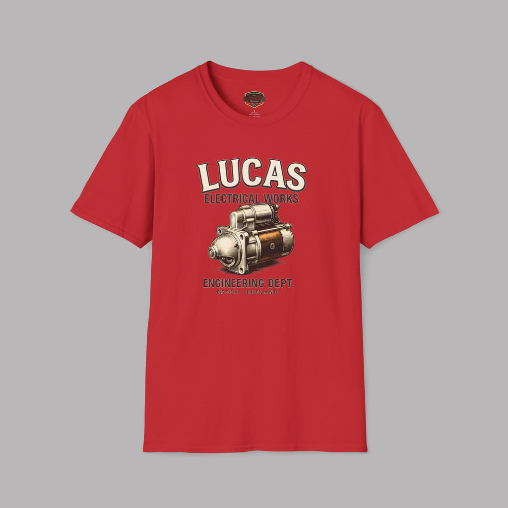 Red t-shirt with Lucas Electrical Works graphic on a gray background