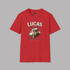 Red t-shirt with Lucas Electrical Works graphic on a gray background