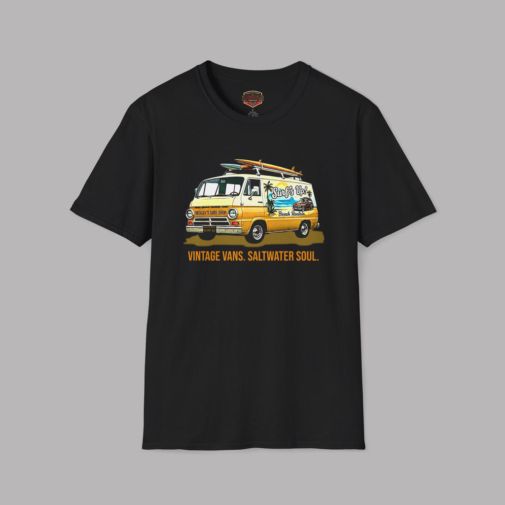 Black t-shirt with a vintage van graphic and text on a gray background