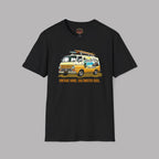 Black t-shirt with a vintage van graphic and text on a gray background