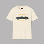 Natural t-shirt with a graphic of a vintage car and text on a gray background
