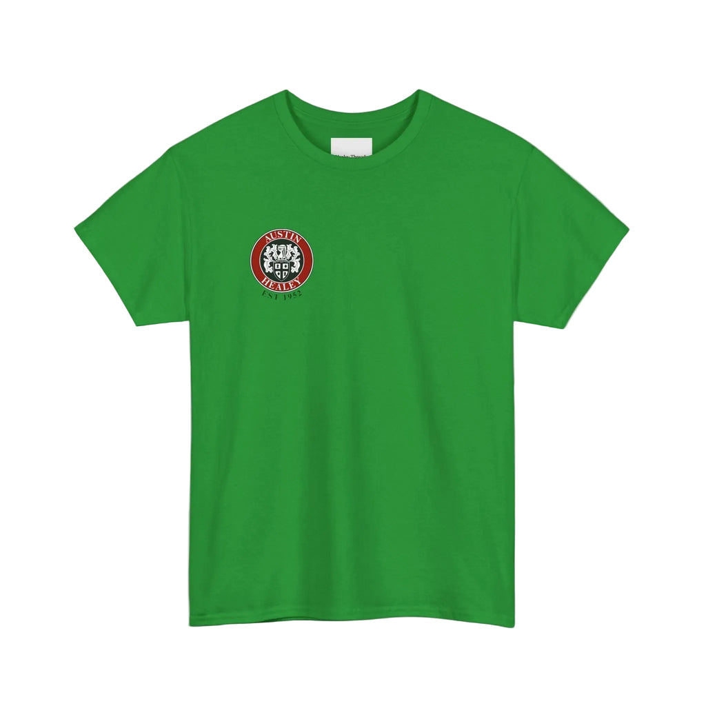 Green t-shirt with a red and white logo on a white background