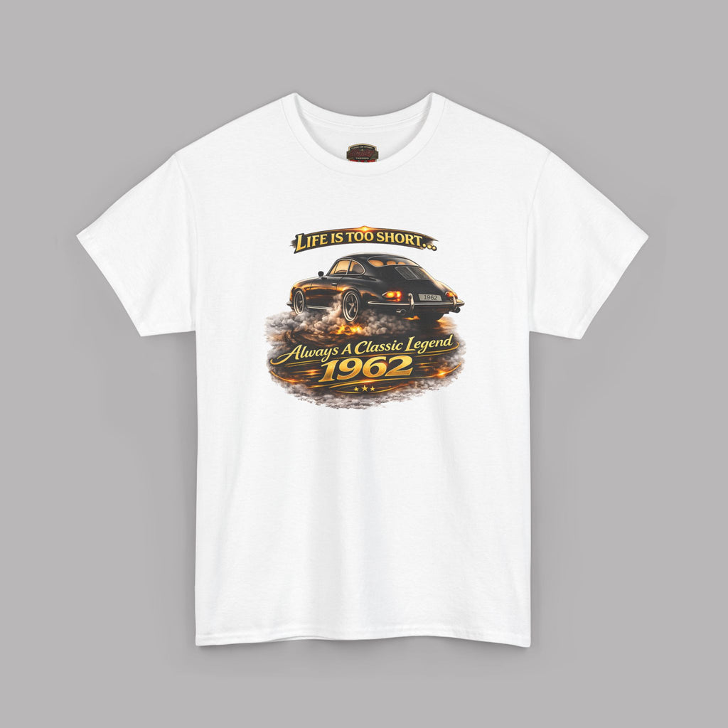 White t-shirt with a car graphic and text on a gray background