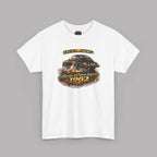 White t-shirt with a car graphic and text on a gray background