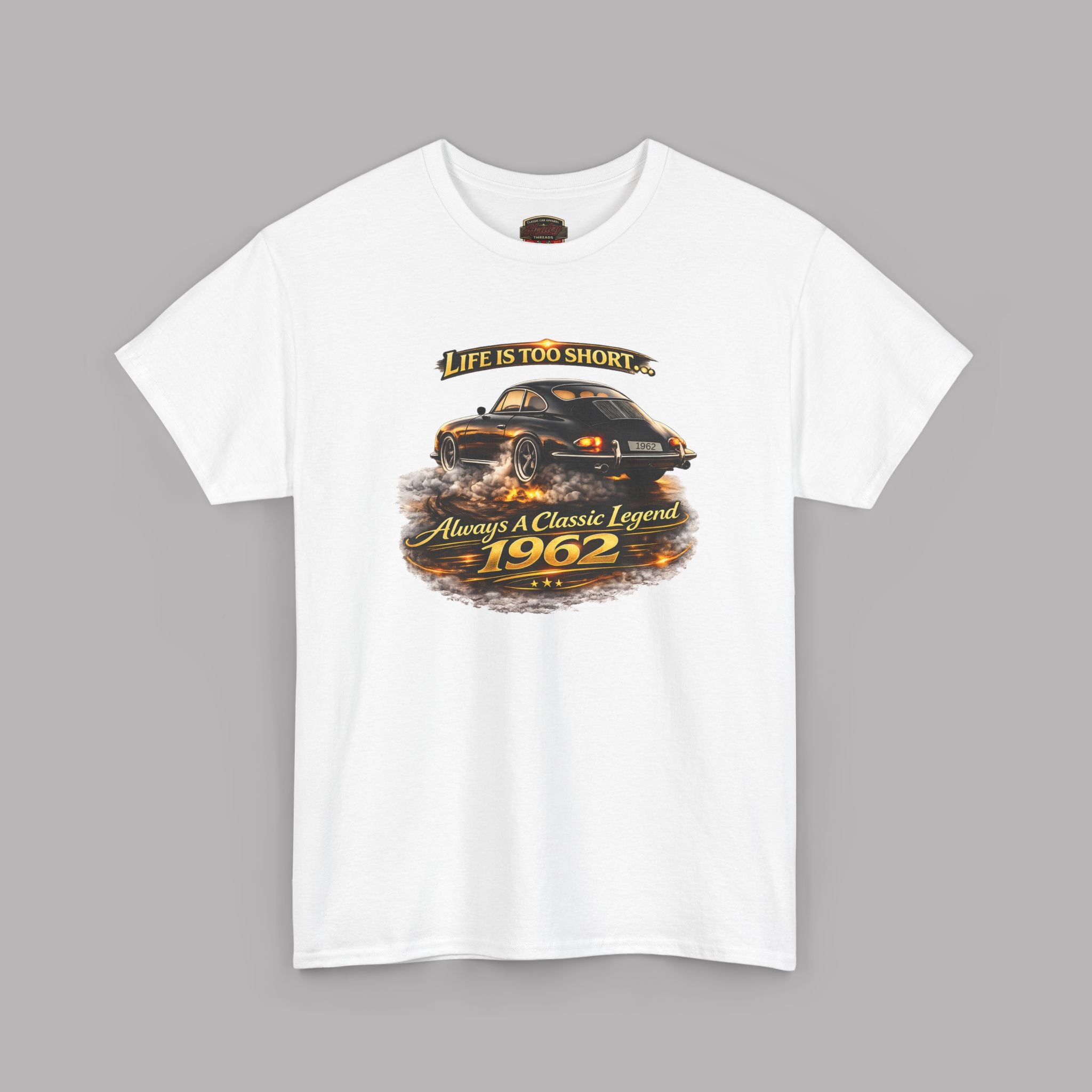 White t-shirt with a car graphic and text on a gray background