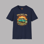 Navy blue t-shirt with a graphic design of a van and text on a gray background